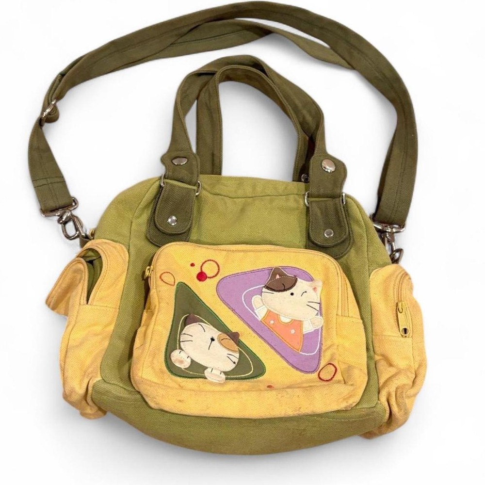 Y2K Green Yellow Cat Applique Crossbody Handbag Kawaii Shoulder Bag